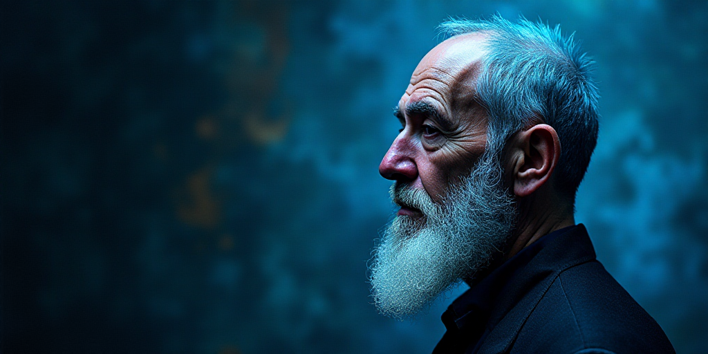 a blue and black photo of a man with a white beard and a black and blue background with the words op