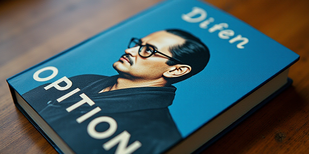 a blue book cover with a photo of a man in glasses and a black jacket on it, and the words, opinion,