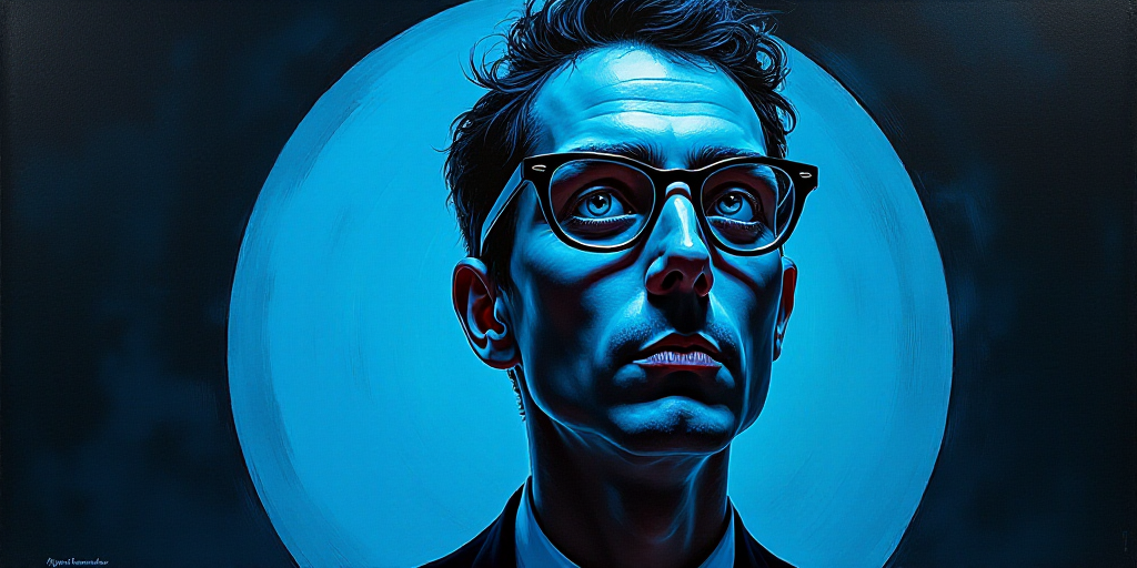 a blue book cover with a picture of a man in glasses and a black background with a blue circle, Agus