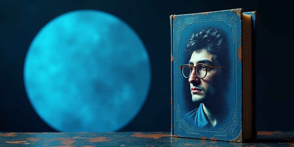 a blue book cover with a picture of a man in glasses and a black background with a blue circle, Agus