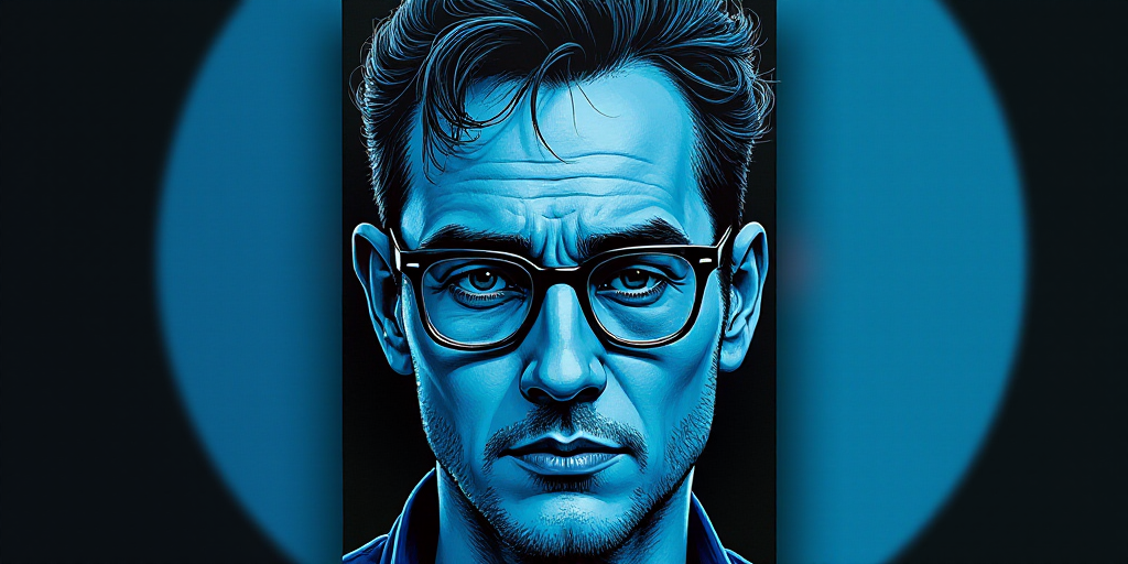 a blue book cover with a picture of a man in glasses and a black background with a blue circle, Agus