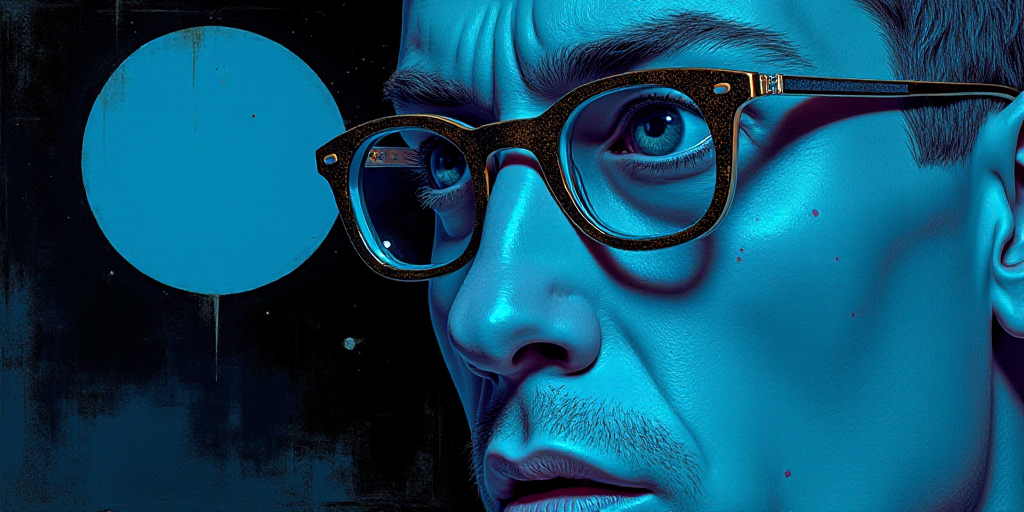 a blue book cover with a picture of a man in glasses and a black background with a blue circle, Agus