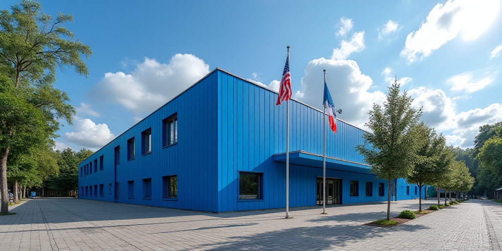 a blue building with flags and trees in front of it and a blue sky with clouds in the background, Ar