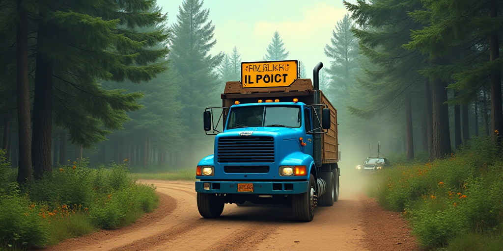 a blue truck is driving down a dirt road in the woods with a sign on the roof that says,, Dahlov Ipc
