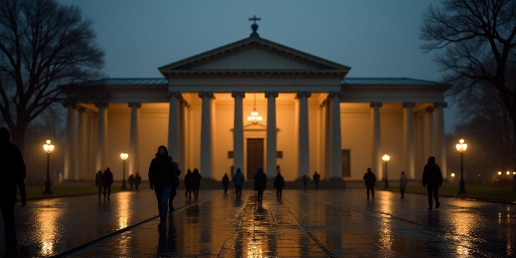a blurry photo of a building with columns and people walking in the rain outside it at night time, C