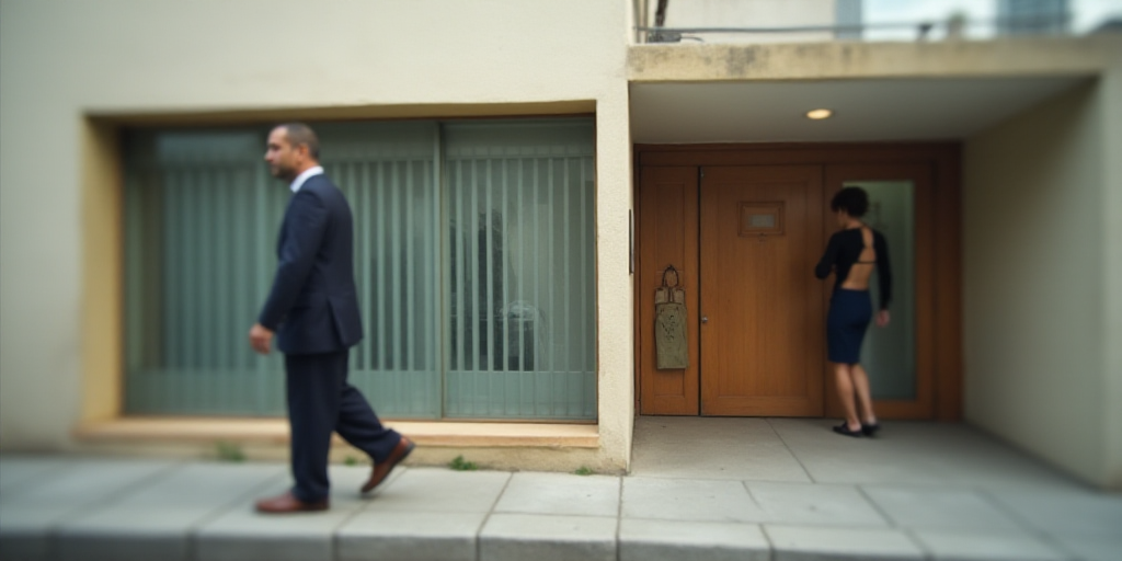a blurry photo of a building with a person walking in front of it and a person walking out the front