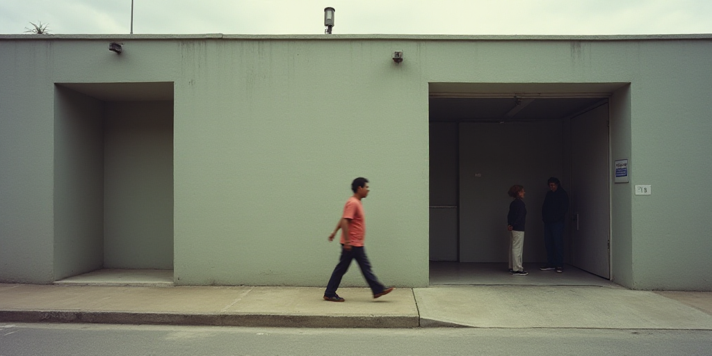 a blurry photo of a building with a person walking in front of it and a person walking out the front