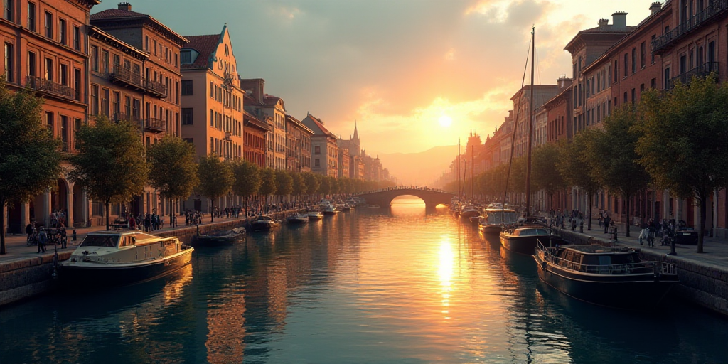 a boat is docked in a canal with buildings in the background at sunset in a city with tall buildings