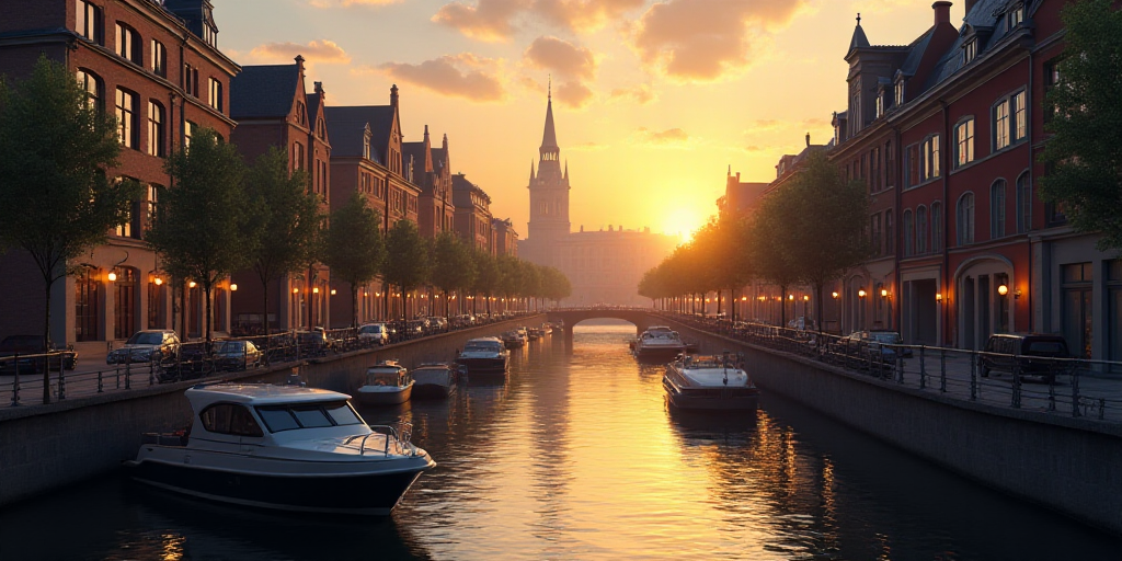 a boat is docked in a canal with buildings in the background at sunset in a city with tall buildings
