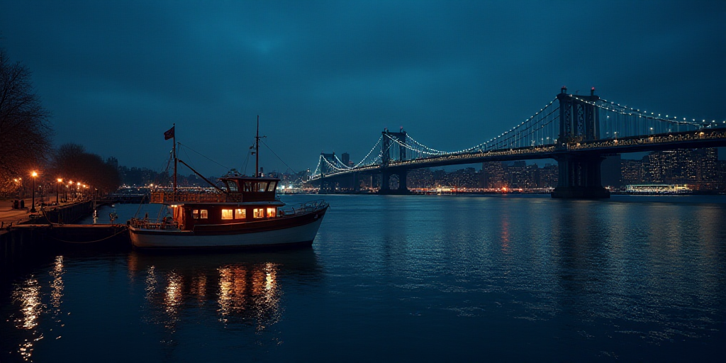 a boat is docked in the water near a bridge and a city at night time with lights on it, Elaine Duill