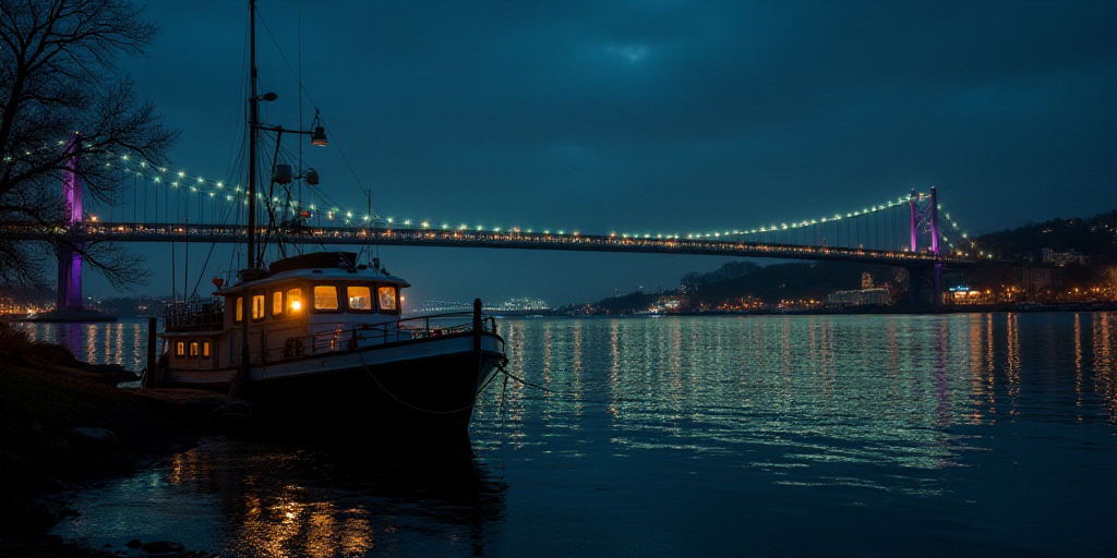 a boat is docked in the water near a bridge and a city at night time with lights on it, Elaine Duill