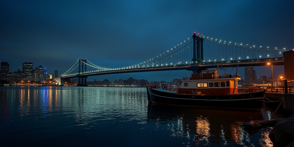 a boat is docked in the water near a bridge and a city at night time with lights on it, Elaine Duill