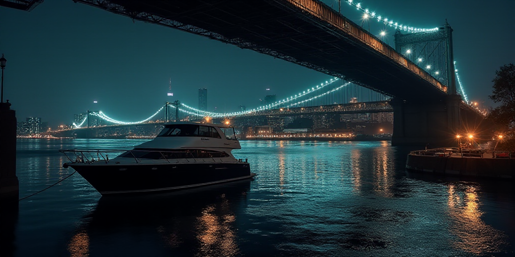 a boat is docked under a bridge at night time with a city in the background and lights on the bridge