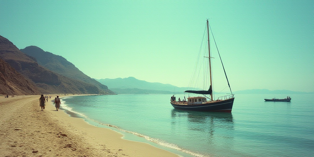 a boat is on the water near a beach with people walking on it and a boat in the water, Estuardo Mald