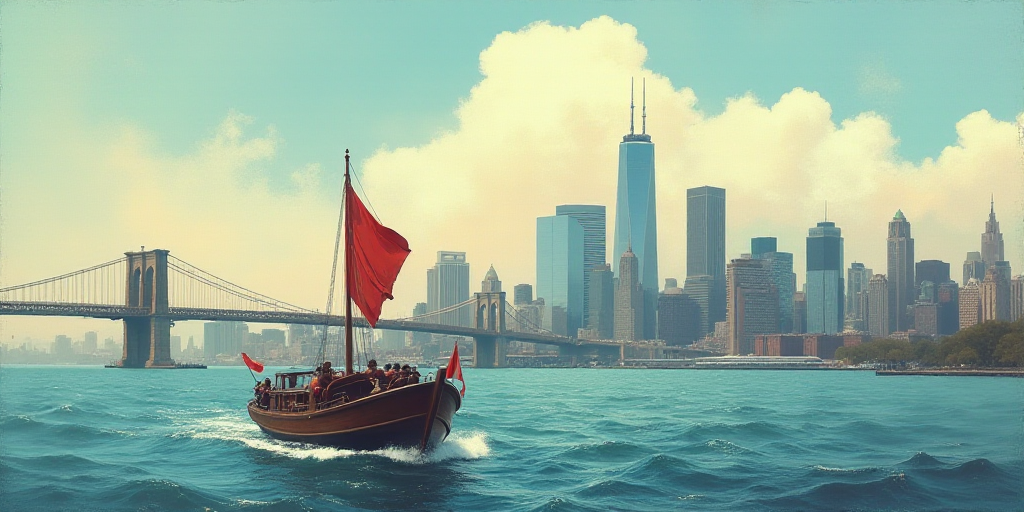 a boat with a flag on it in the water near a city skyline with a bridge and a large building, Estuar