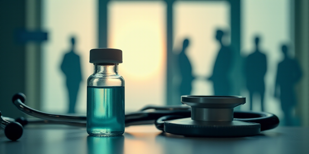 a bottle of vaccine next to a stethoscope and a silhouette of people on a wall with a sign, Art Fitz