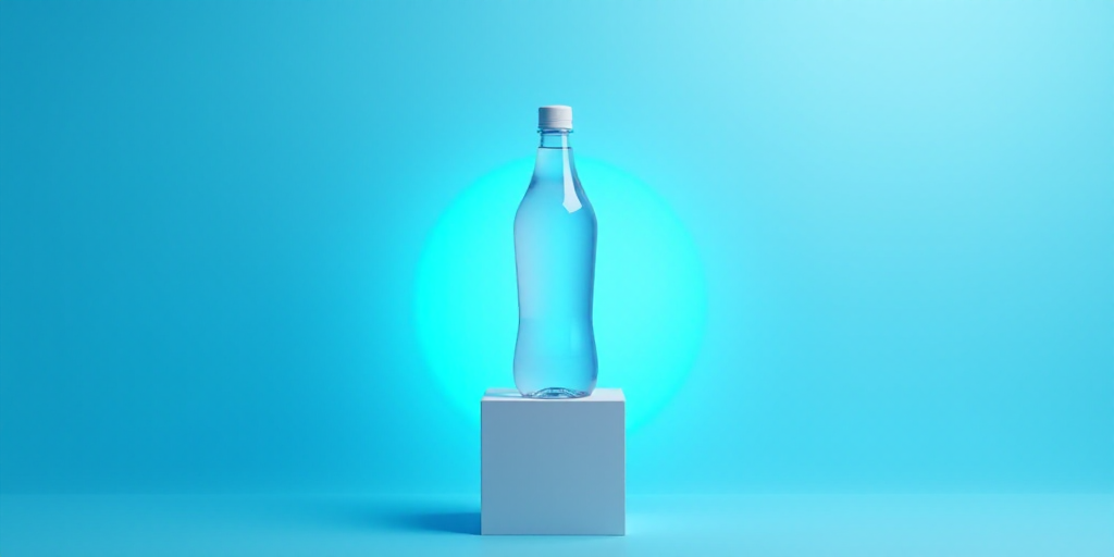 a bottle of water sitting on top of a box of water on a blue background with a blue circle, Évarist