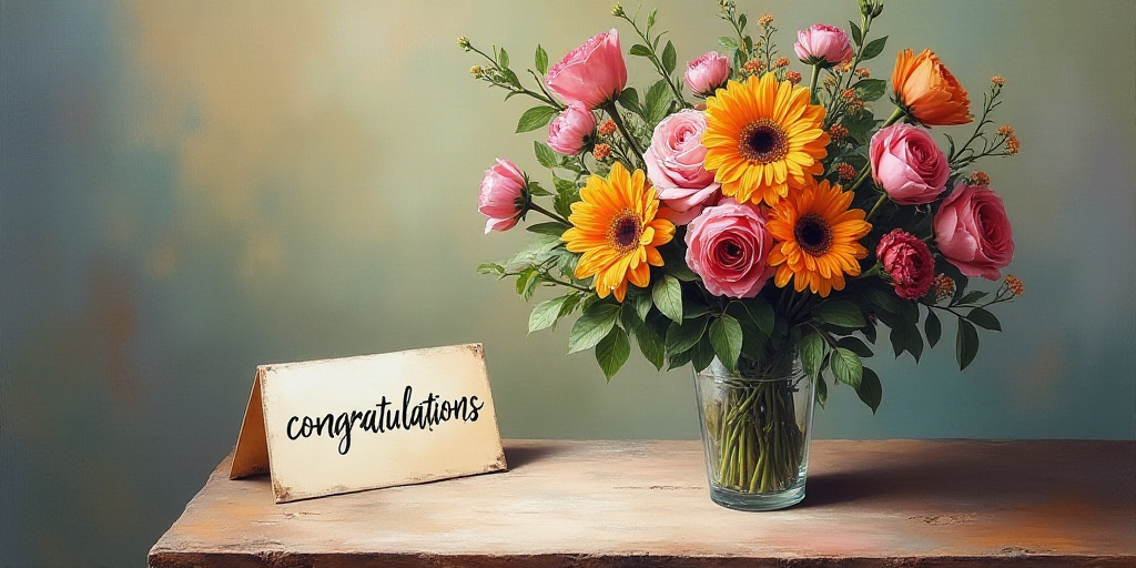 a bouquet of flowers with a sign on it sitting on a table with a sign on it that says congratulation