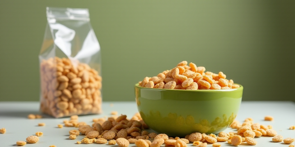 a bowl of cereal is shown in front of a pudina bag of cereals and a bag of cereal, Avgust Černigoj,