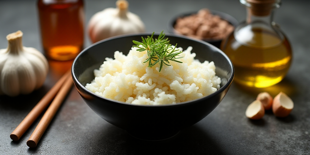 a bowl of rice, garlic, and other ingredients on a table top with garlic oil and garlic oil, Andries