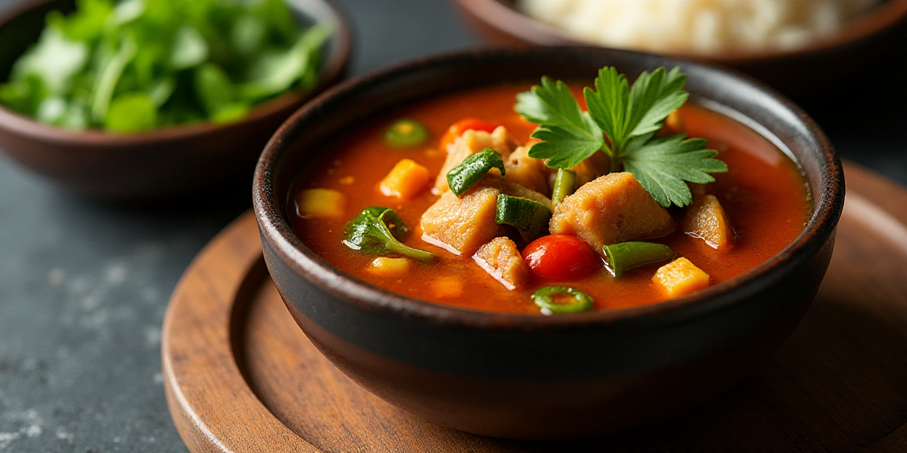 a bowl of soup with vegetables and meat in it on a wooden board next to a bowl of greens, Bouchta El