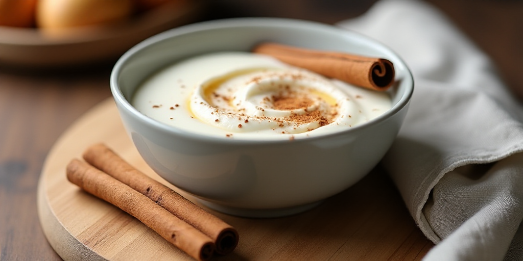 a bowl of yogurt with cinnamon sticks on a cutting board next to a napkin and a napkin, Betty Merken