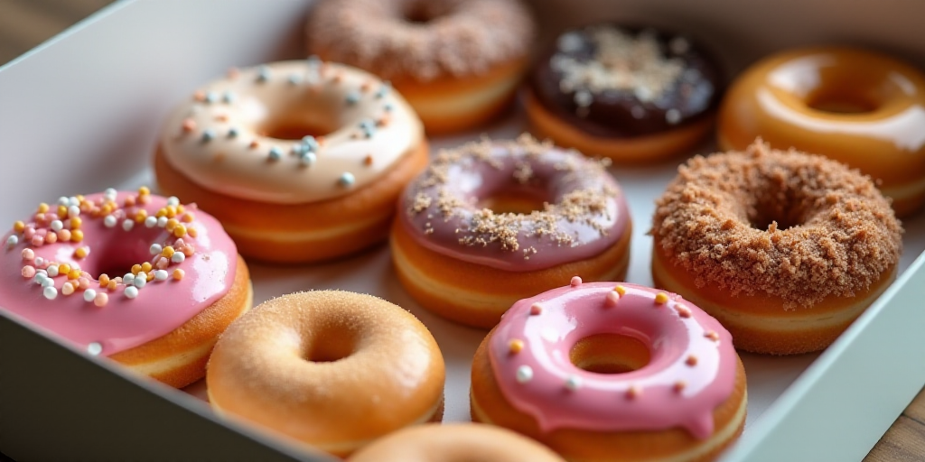 a box of doughnuts with frosting and sprinkles on them, including one of them is a dozen, Eden Box,