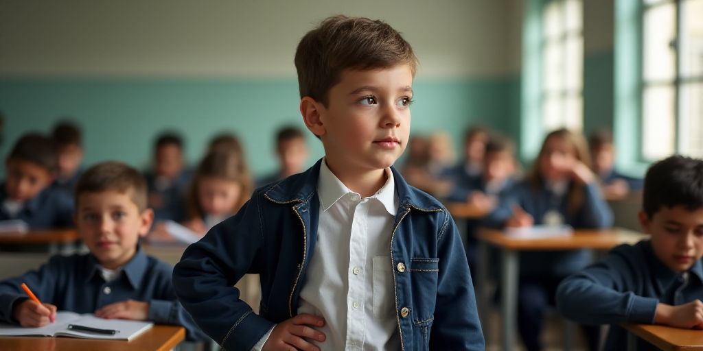 a boy in a classroom with his hand on his hip and other students in the background sitting at desks,