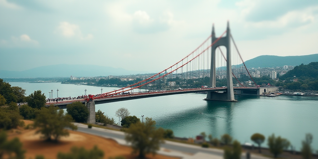 a bridge over a body of water with a city in the background and people walking on it and a construct