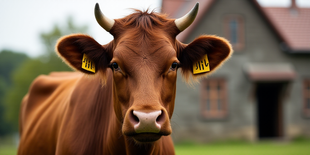 a brown cow with a yellow tag on its ear and a building in the background with a yellow tag on its e