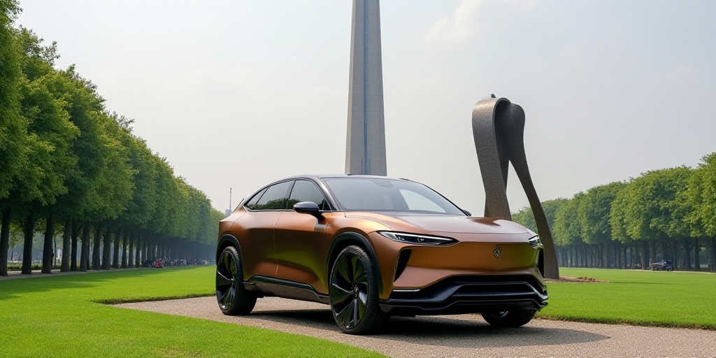 a brown suv parked in front of a tall tower with a sculpture in the background and a green lawn, Cao
