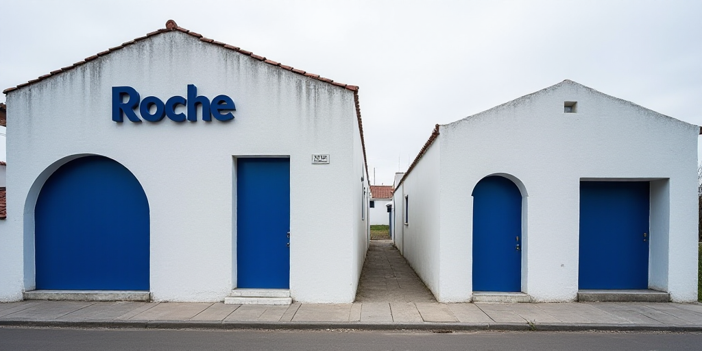 a building with a blue sign that says roche on it and a white building with a blue sign that says ro