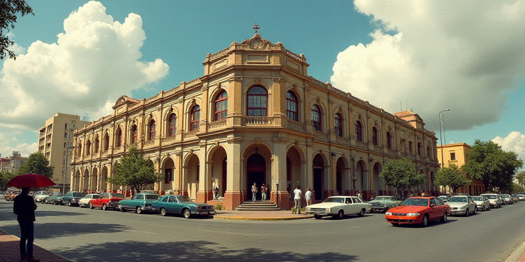 a building with a bunch of cars parked in front of it and people walking around the building and a p