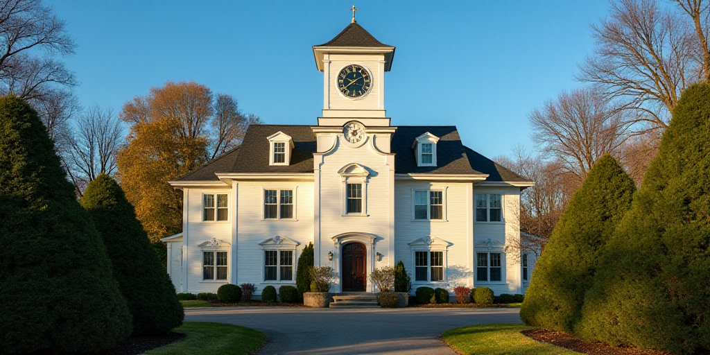 a building with a clock on top of it surrounded by trees and bushes in front of a blue sky, Brenda C
