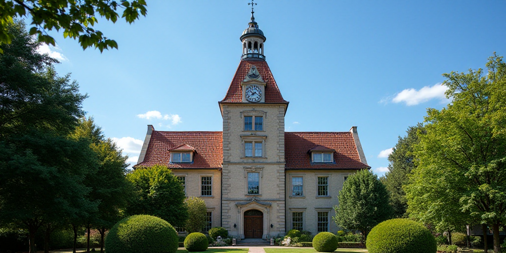 a building with a clock on top of it surrounded by trees and bushes in front of a blue sky, Brenda C