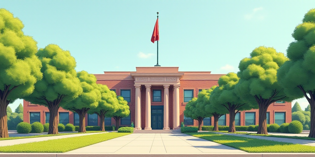 a building with a flag on top of it and trees in front of it and a flagpole on top of it, Carlos Tri