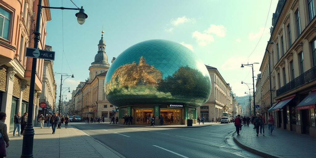 a building with a glass dome on top of it in a city street with tall buildings in the background, Ce