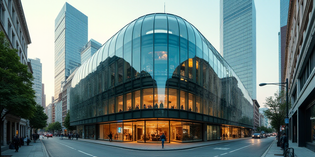 a building with a glass dome on top of it in a city street with tall buildings in the background, Ce