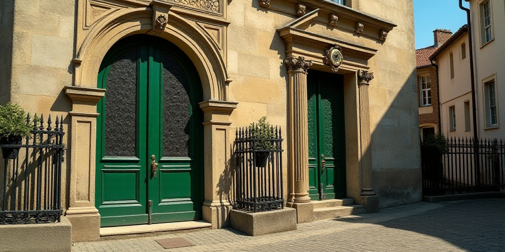 a building with a green door and a black fence with a star of david on it and a clock on the side of