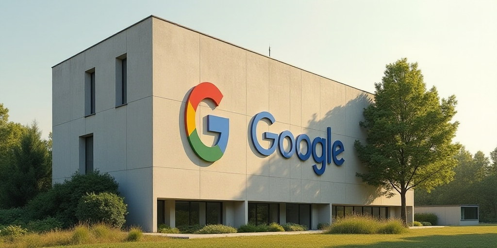 a building with a large google logo on it's side and trees in front of it and a tree in front of it,