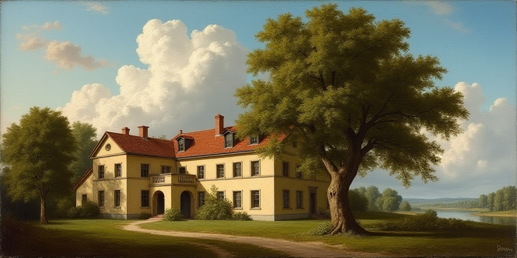 a building with a large tree in front of it and a sky background with clouds in the sky above, Engue