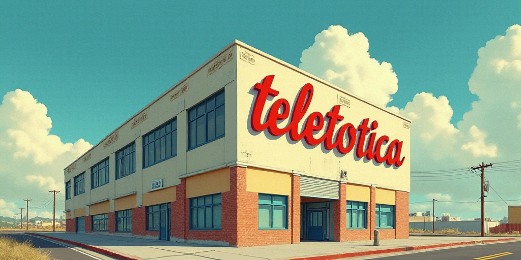 a building with a sign that says teletotica on it's side and a sky background behind it, Carlos Tril