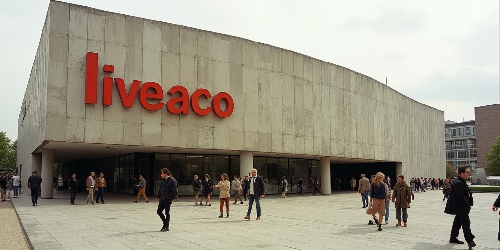 a building with a sign that says liveaco on it's side and people walking outside of it, Andrew Rober