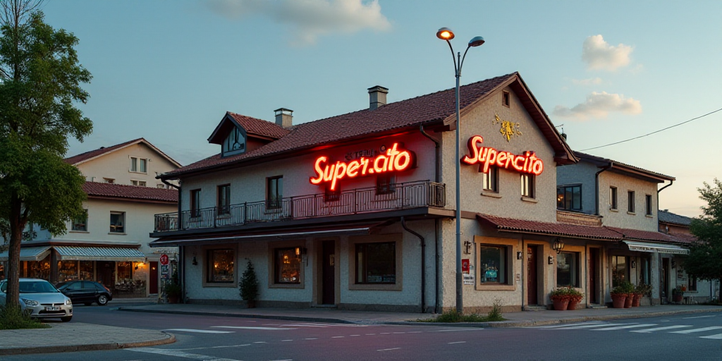 a building with a sign that says supercito on it's side and a street light in front of it, Altichier