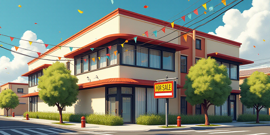 a building with a sign that says the apartment building is for sale and is decorated with bunting an