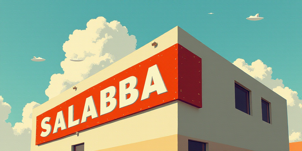 a building with a sign that says salabba on it's side and a sky background behind it, Carles Delclau