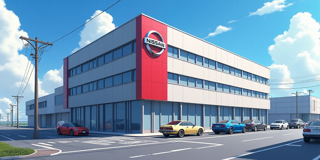 a building with a sign that says nissan on it's side and a sky background behind it that says nissan