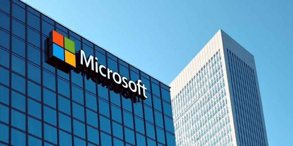 a building with a sign that says microsoft on it's side and a skyscraper in the background with a bl