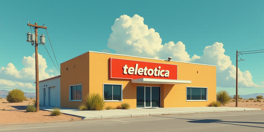 a building with a sign that says teletotica on it's side and a sky background behind it, Carlos Tril