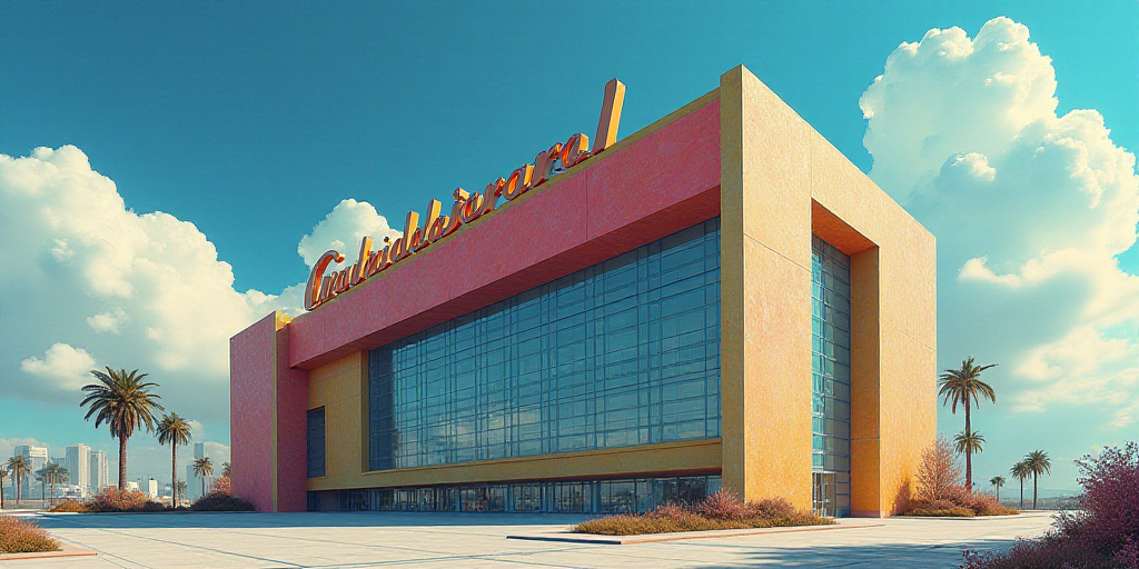 a building with a sign that says expo guadalajararia on it's side and a sky background with clouds,